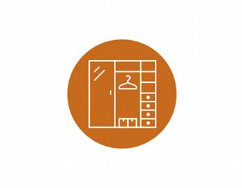 A simple icon of a wardrobe with a hanger and clothes.
